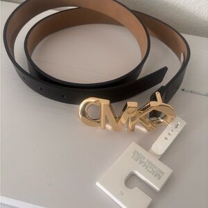 Michael Kors Black and Tan Belt with Gold Logo Buckle